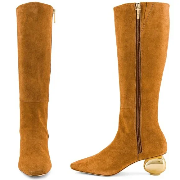 Cult Gaia NEW Zuri Knee High Boot in Camel Brown Gold Sculptural Heel Size 9 - Picture 2 of 14